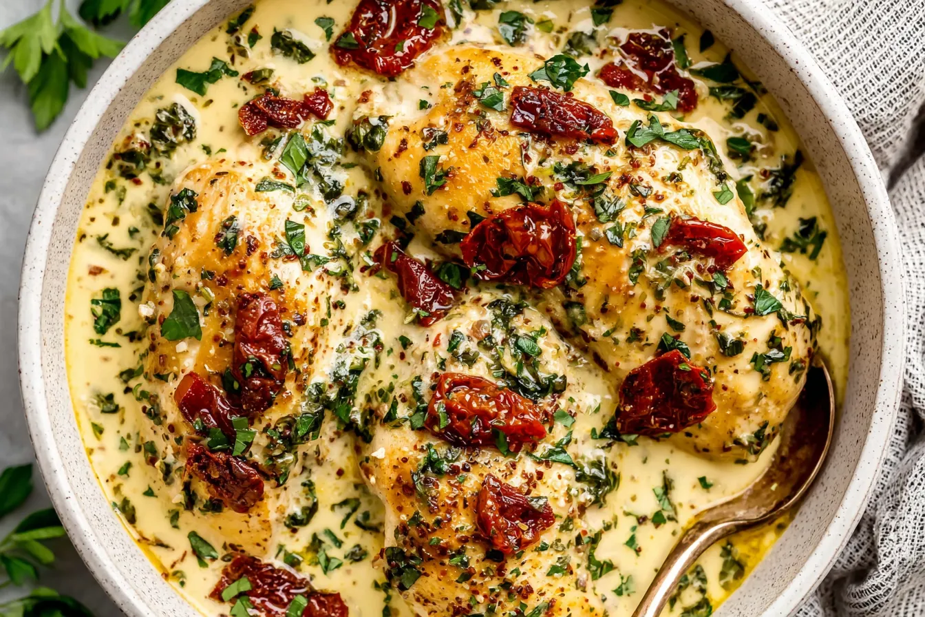 Crockpot Marry Me Chicken smothered in creamy parmesan sauce with herbs and sun-dried tomatoes.Crockpot Marry Me Chicken