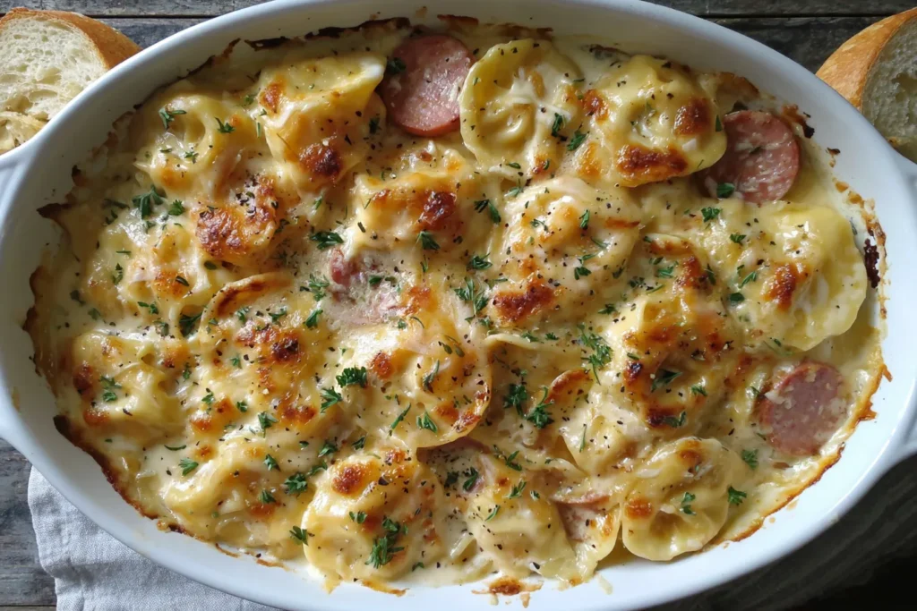 Cheesy Crockpot Pierogi Casserole with Kielbasa baked until golden in an oval dish.
