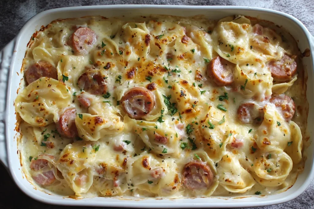 Baked Crockpot Pierogi Casserole with Kielbasa in a rectangular dish with golden melted cheese.