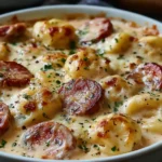 Creamy Crockpot Pierogi Casserole with Kielbasa topped with melted cheese and herbs in a white baking dish.