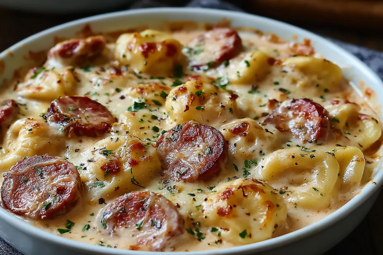 Creamy Crockpot Pierogi Casserole with Kielbasa topped with melted cheese and herbs in a white baking dish.