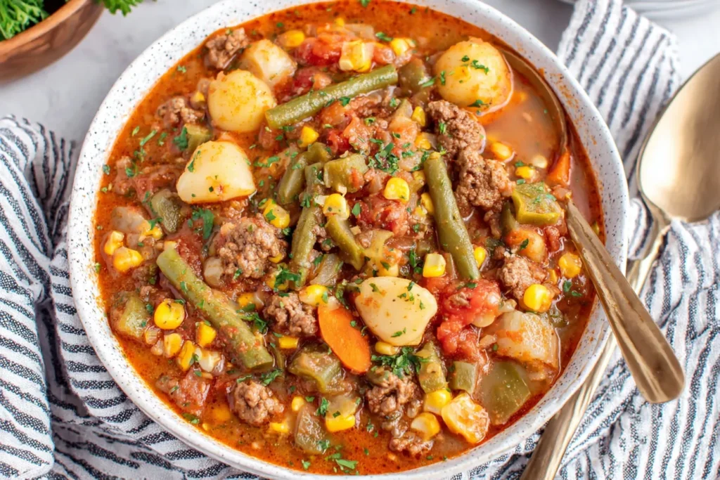 Crockpot Texas Cowboy Stew served in a bowl with beef, potatoes, green beans, and corn