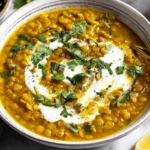Curry Lentil Soup topped with fresh cilantro and yogurt in a rustic bowl