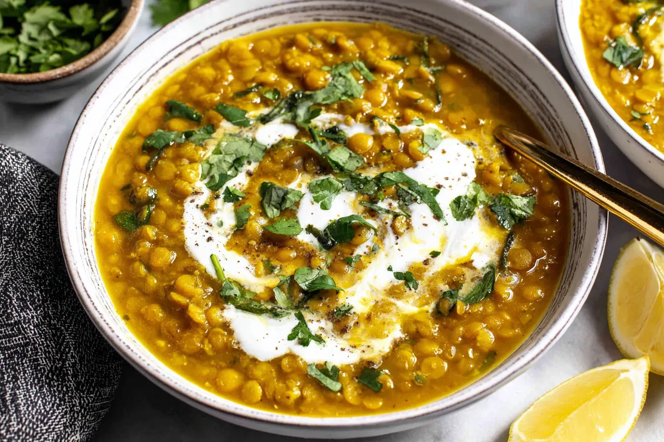 Curry Lentil Soup topped with fresh cilantro and yogurt in a rustic bowl