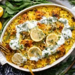 Dump-and-Bake Chicken Tzatziki with Rice baked in a casserole dish with lemon slices, dill, and creamy tzatziki sauce