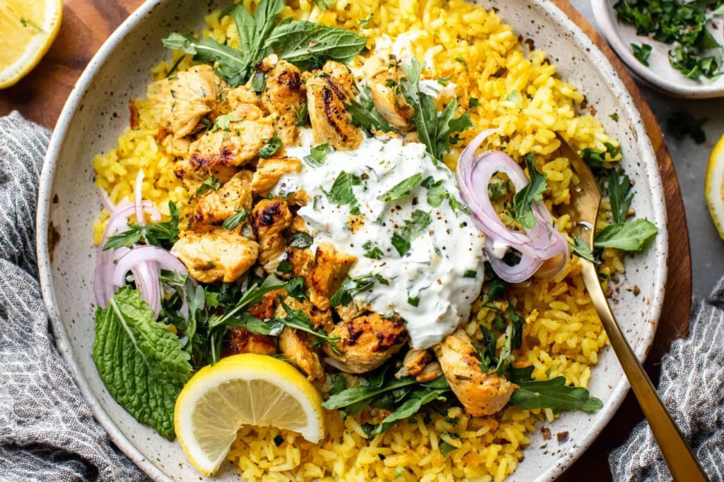 Dump-and-Bake Chicken Tzatziki with Rice served in a bowl with golden rice, seasoned chicken, creamy tzatziki, fresh herbs, and lemon