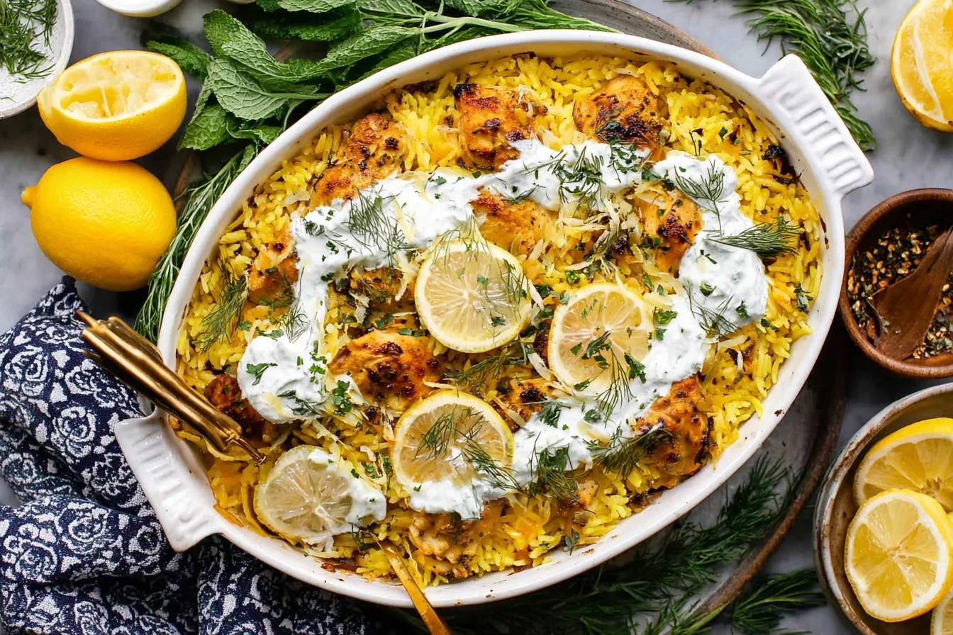 Dump-and-Bake Chicken Tzatziki with Rice baked in a casserole dish with lemon slices, dill, and creamy tzatziki sauce