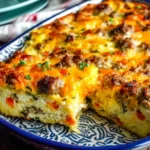 Fireman’s Overnight Breakfast Casserole baked with sausage, cheese, and peppers in a casserole dish