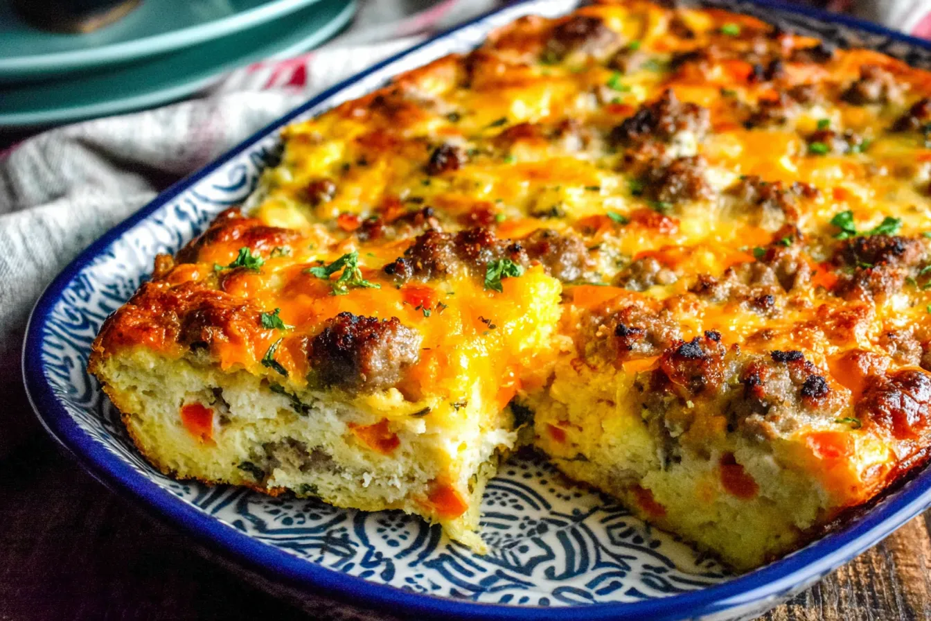 Fireman’s Overnight Breakfast Casserole baked with sausage, cheese, and peppers in a casserole dish