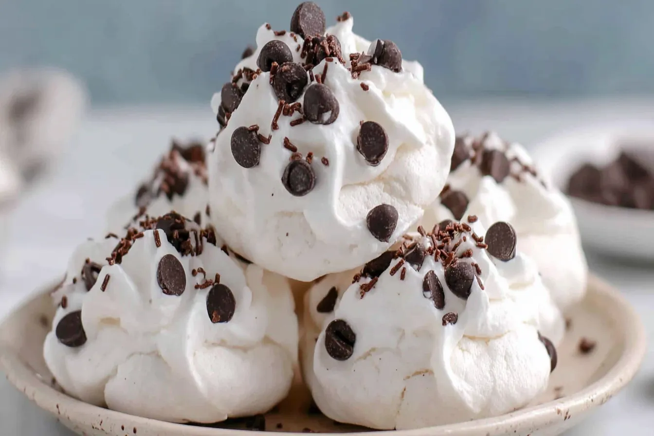 Forgotten Cookies stacked with whipped topping and chocolate shavings