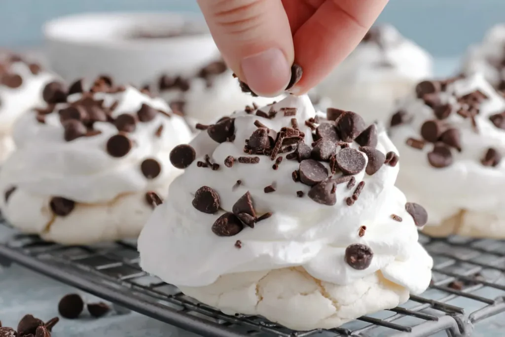 Forgotten Cookies topped with whipped cream and chocolate chips cooling on a rack