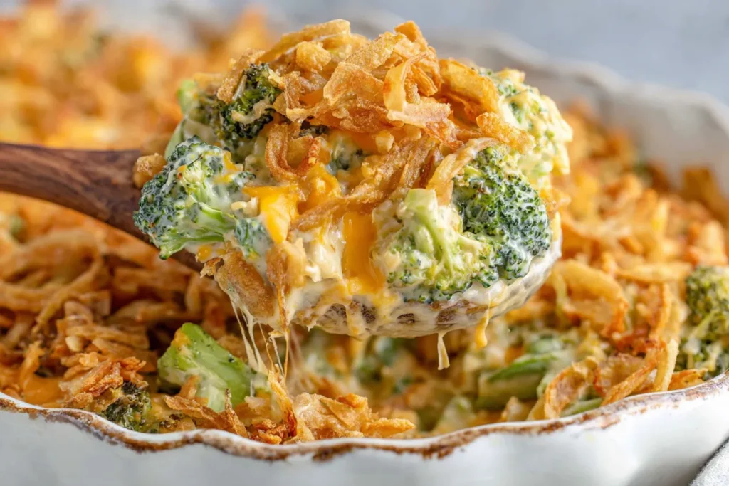 French Onion Broccoli Cheese Casserole fresh from the oven with creamy broccoli, cheddar cheese, and crunchy French fried onions