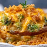 French Onion Broccoli Cheese Casserole served on a wooden spoon with melted cheddar cheese, tender broccoli, and crispy fried onions