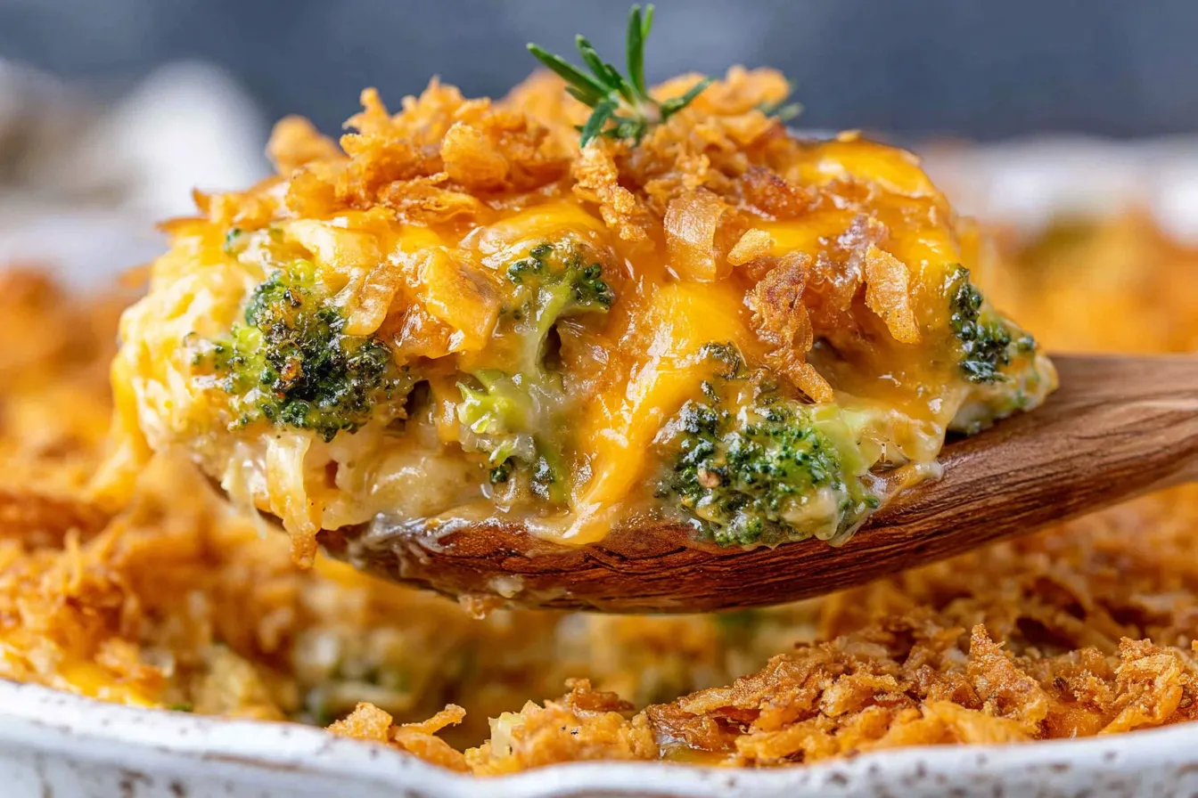 French Onion Broccoli Cheese Casserole served on a wooden spoon with melted cheddar cheese, tender broccoli, and crispy fried onions