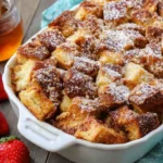 French Toast Casserole topped with powdered sugar in a white baking dish beside fresh strawberries.