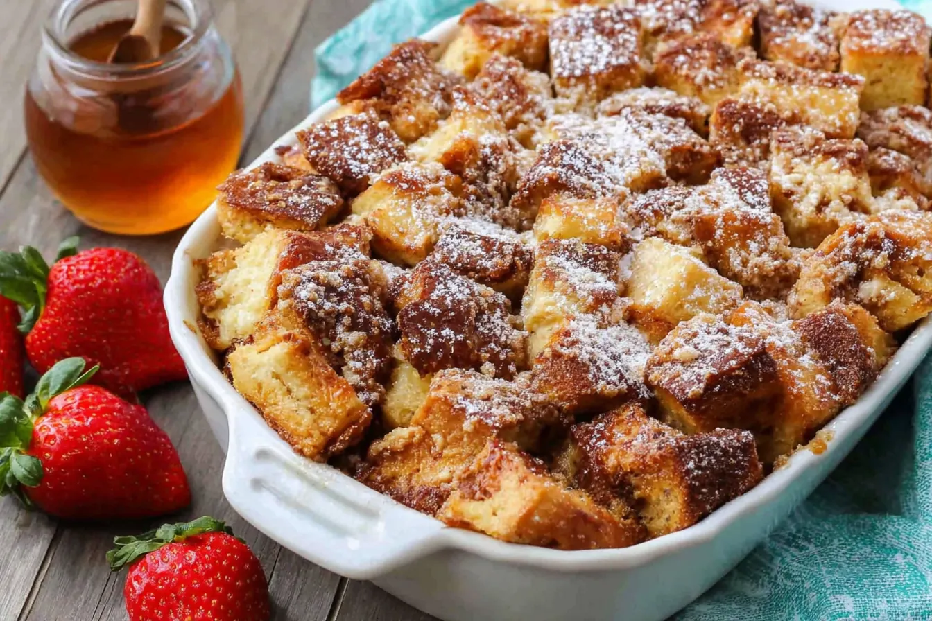 French Toast Casserole topped with powdered sugar in a white baking dish beside fresh strawberries.
