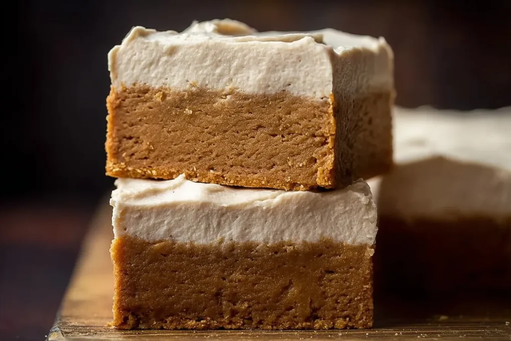Frosted Gingerbread Brownies stacked to show a thick gingerbread brownie base topped with creamy ermine frosting