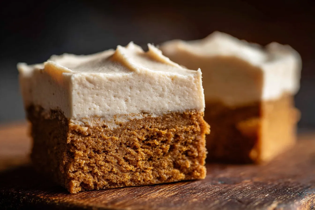 Frosted Gingerbread Brownies with a soft gingerbread base and thick whipped frosting on a wooden surface