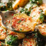 Garlic Parmesan Roasted Brussels Sprouts with crispy golden edges and melted cheese