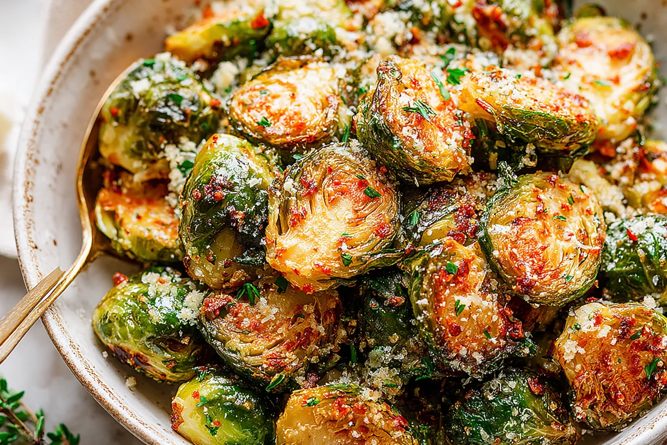Garlic Parmesan Roasted Brussels Sprouts served hot and golden in a rustic bowl