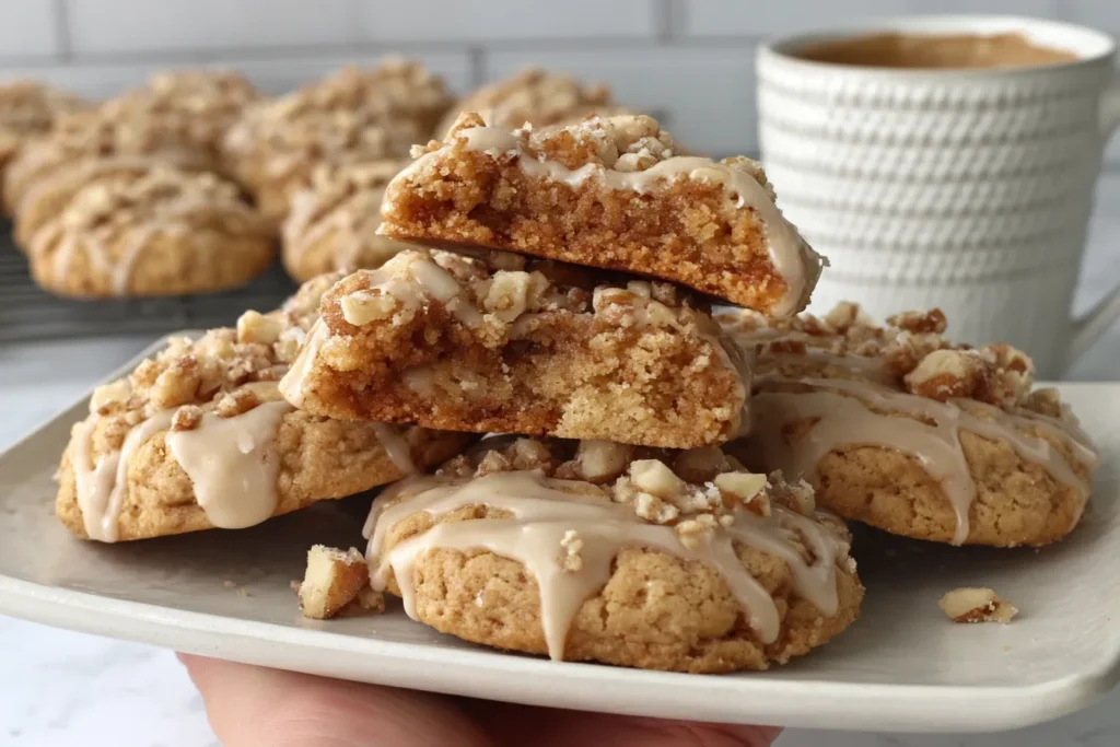 Soft and gooey Gilmore Girls Coffee Cake Cookies stacked on a plate with cinnamon streusel and vanilla glaze.