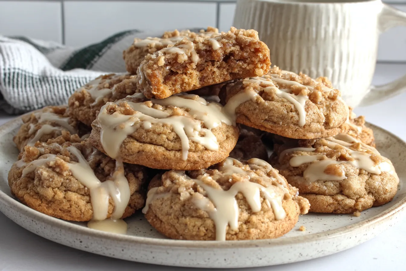 Plate of freshly baked Gilmore Girls Coffee Cake Cookies drizzled with vanilla glaze and cinnamon crumble.