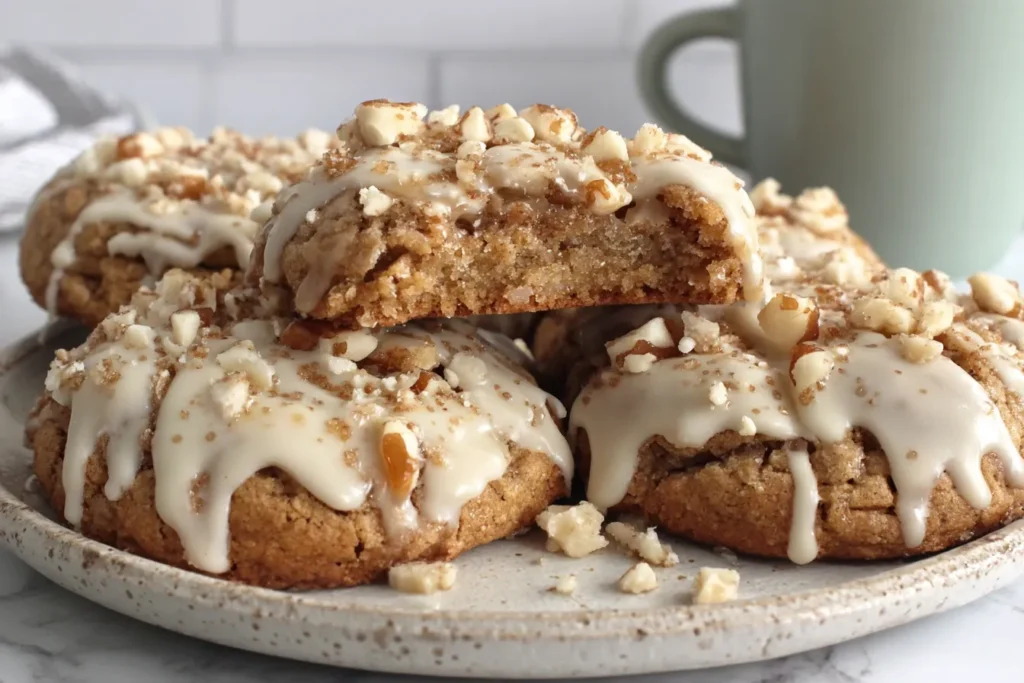 Close-up of Gilmore Girls Coffee Cake Cookies with thick glaze and nutty streusel topping.