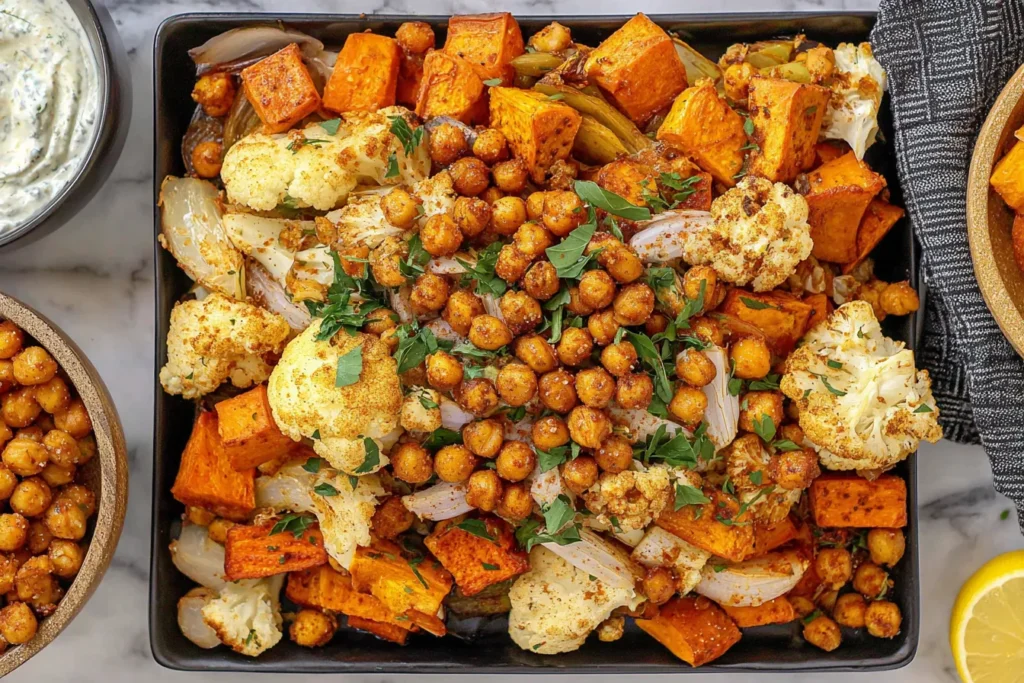 Colorful Glow Bowl filled with roasted sweet potatoes, cauliflower, chickpeas, and fresh herbs.