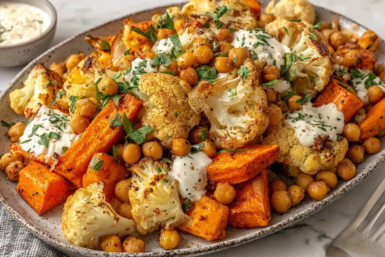 Glow Bowl with roasted sweet potatoes, cauliflower, and chickpeas drizzled with tahini sauce.