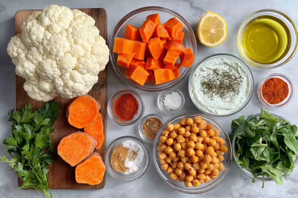 Ingredients for Glow Bowl: cauliflower, sweet potato, chickpeas, tahini, and spices.