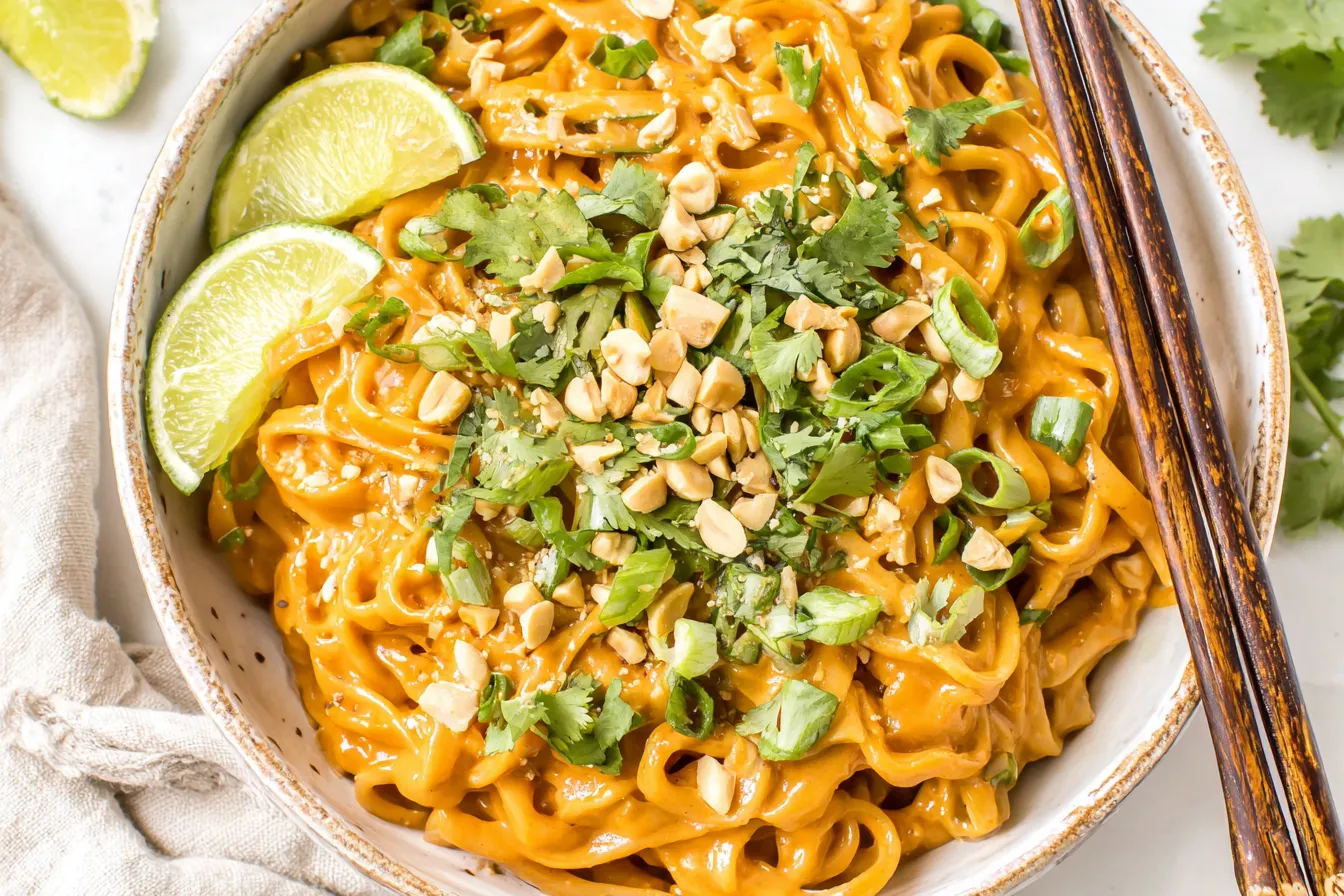 Creamy Gluten Free Red Curry Peanut Noodles topped with cilantro, peanuts, and lime wedges in a white bowl