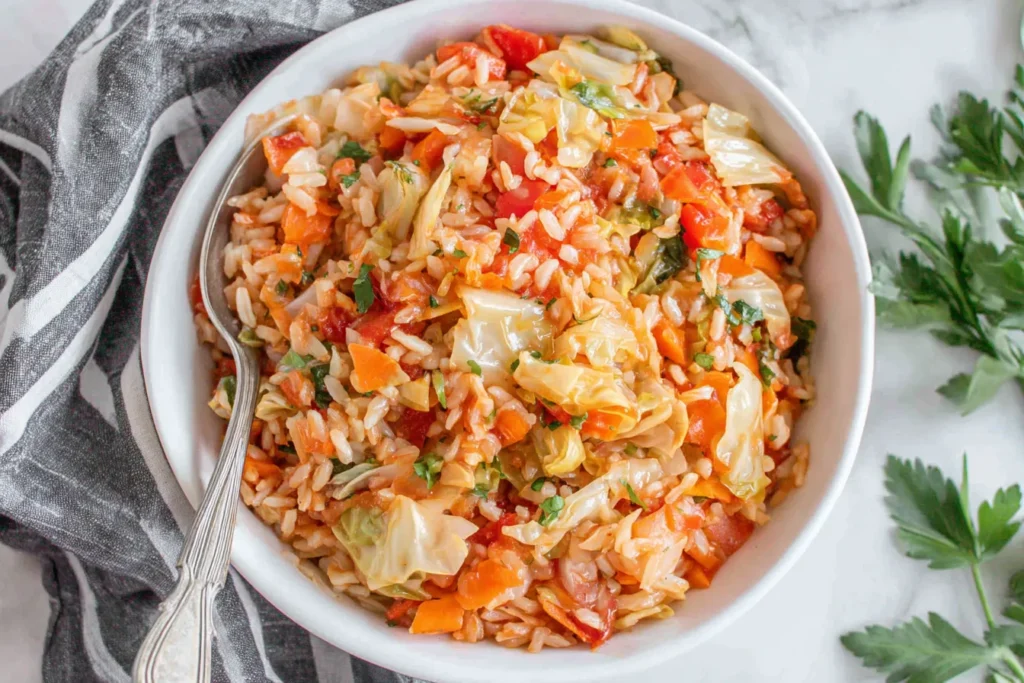 Greek Rice And Cabbage served in a white bowl with tender cabbage, rice, carrots, and tomatoes in a light tomato sauce