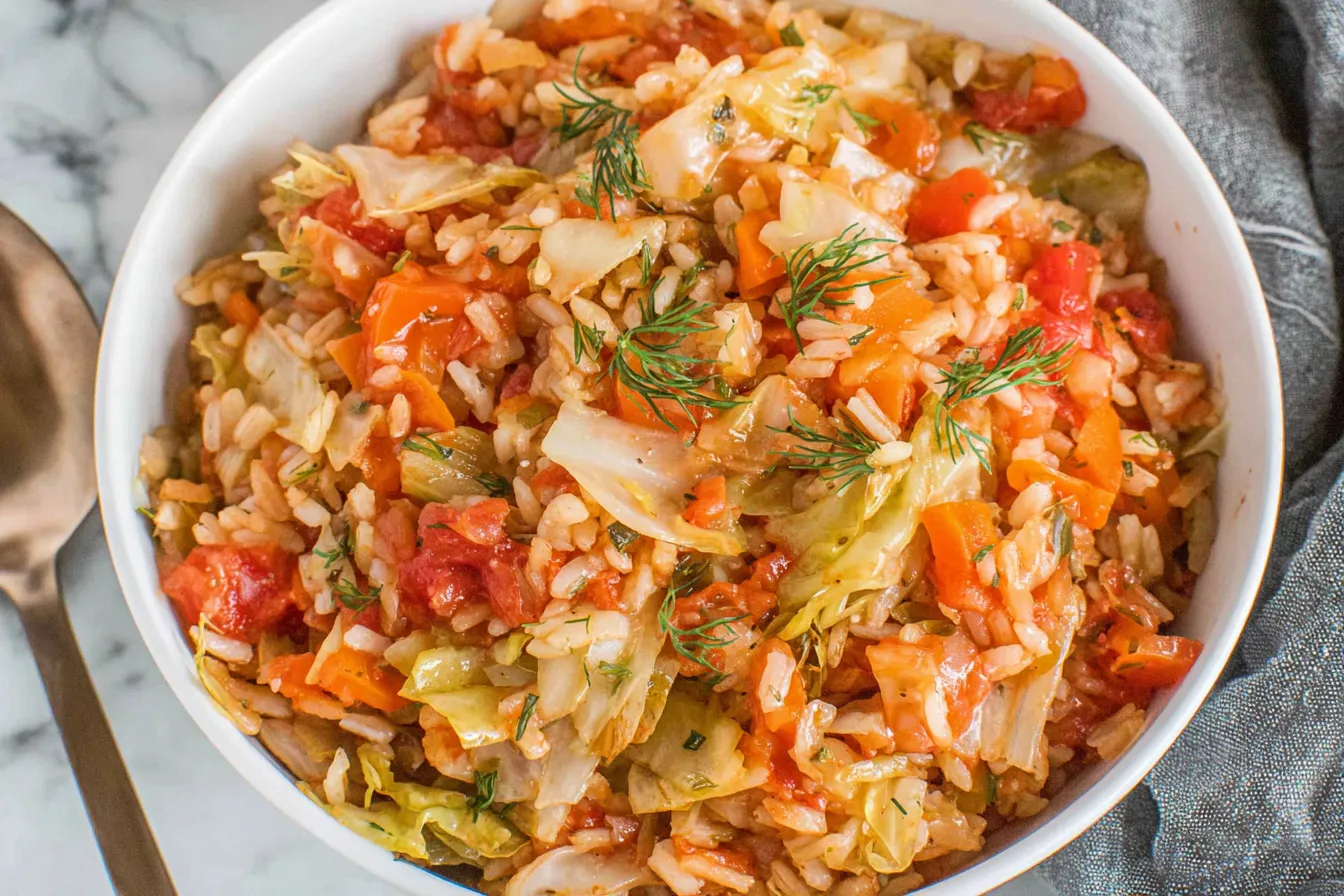 Greek Rice And Cabbage with rice, cabbage, tomatoes, carrots, and fresh herbs served in a bowl