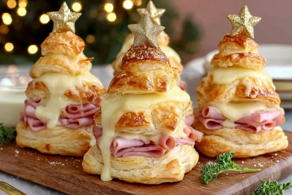Ham & Cheese Puff Pastry Christmas Trees stacked with melted cheese and ham, topped with golden star decorations.