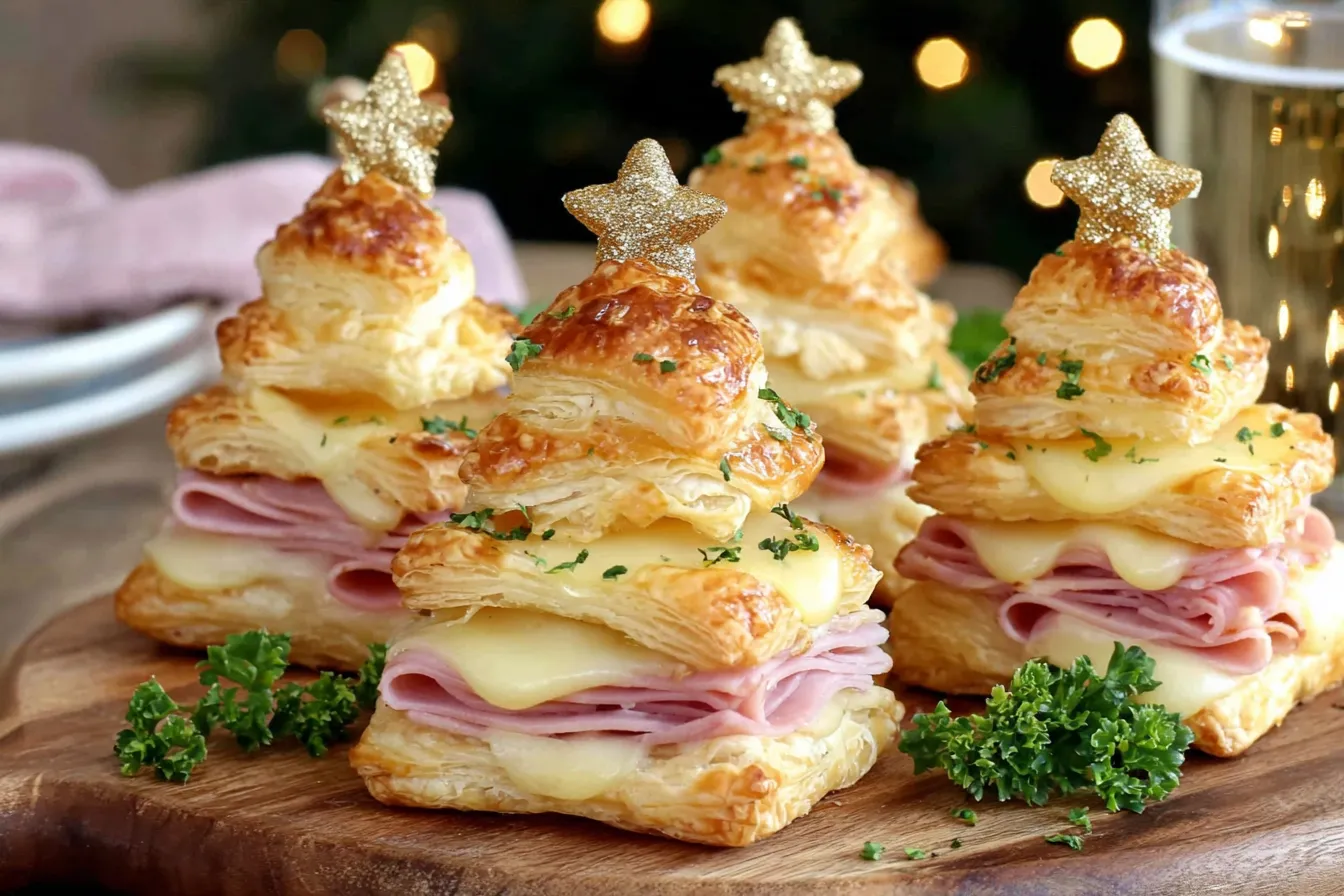 Ham & Cheese Puff Pastry Christmas Trees arranged on a wooden board with melted cheese, herbs, and star toppers.