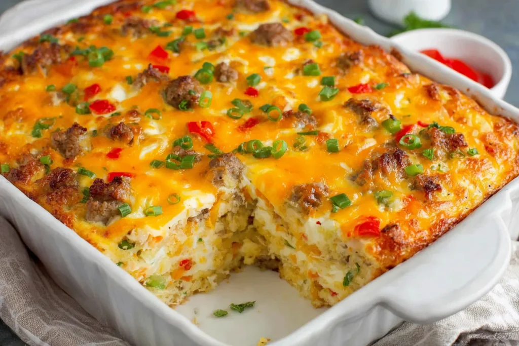Hashbrown Breakfast Casserole with a slice removed showing layers of eggs, sausage, and cheese.