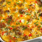 Hashbrown Breakfast Casserole baked in a dish topped with melted cheddar, sausage, and peppers.