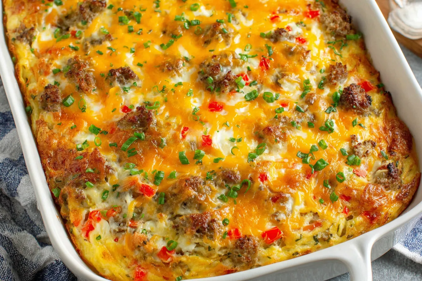 Hashbrown Breakfast Casserole baked in a dish topped with melted cheddar, sausage, and peppers.