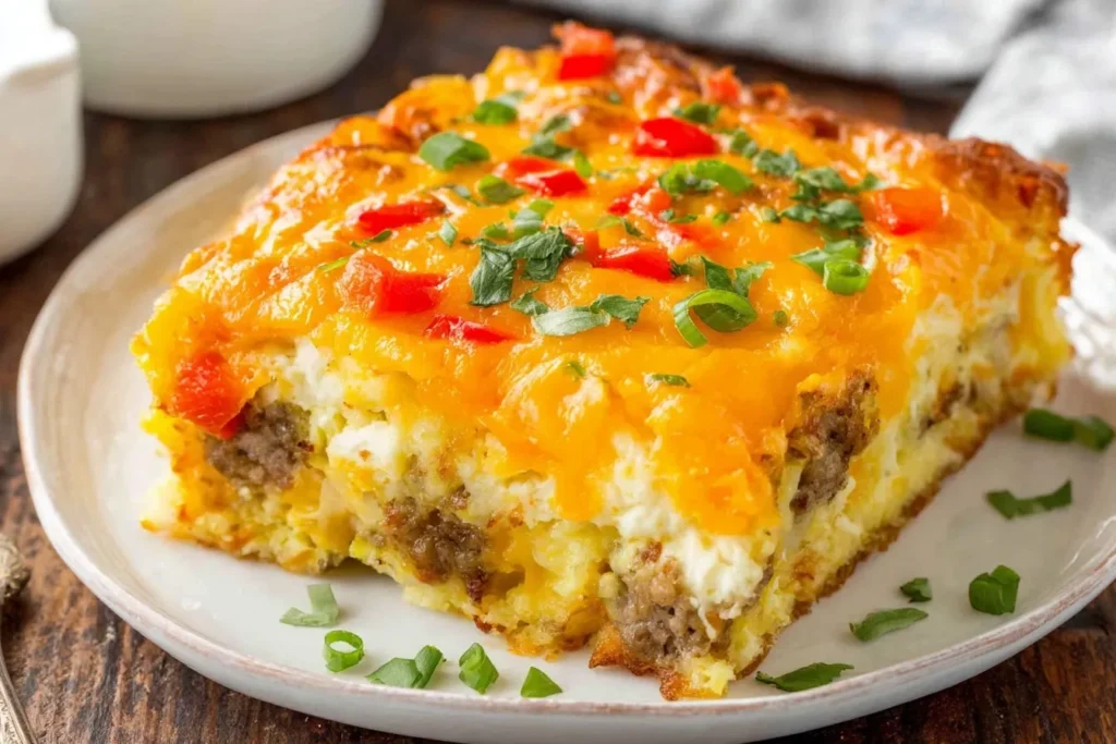 Hashbrown Breakfast Casserole slice with sausage, cheddar cheese, and peppers on a plate.