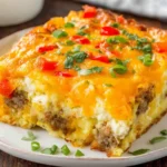 Hashbrown Breakfast Casserole slice with sausage, cheddar cheese, and peppers on a plate.