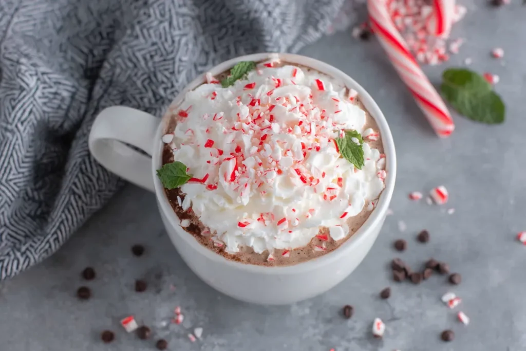 Healthy Peppermint Mocha topped with whipped cream and crushed peppermint candies in a white mug