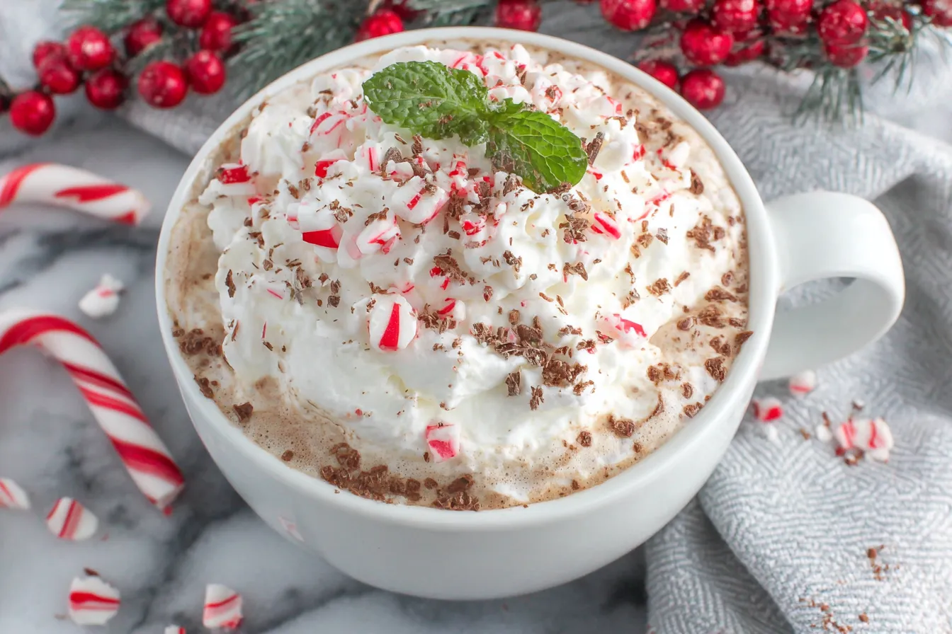 HealthHealthy Peppermint Mocha with whipped cream, chocolate shavings, and fresh mint garnishy Peppermint Mocha
