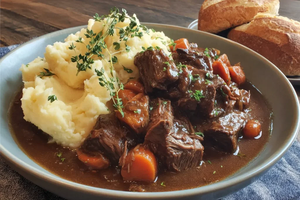Hearty Comfort Slow Cooker Beef Manhattan served with mashed potatoes and tender beef in rich gravy.