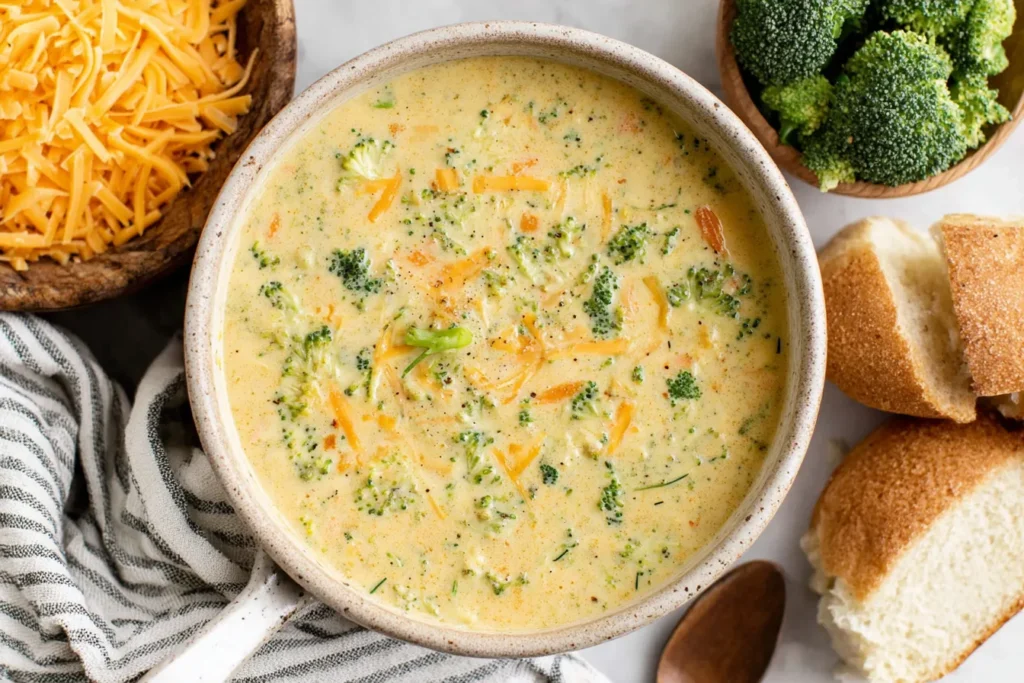 High Protein Broccoli Cheddar Soup served in a rustic bowl with cheddar garnish