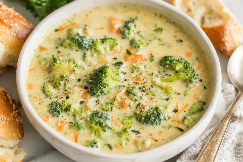 High Protein Broccoli Cheddar Soup with tender broccoli florets and cheddar in a creamy broth
