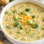 High Protein Broccoli Cheddar Soup in a white bowl with fresh broccoli and melted cheddar