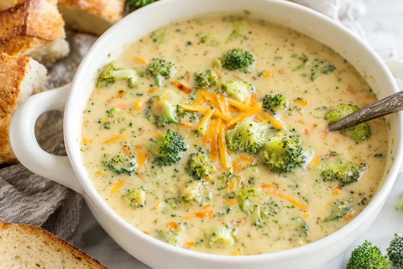High Protein Broccoli Cheddar Soup in a white bowl with fresh broccoli and melted cheddar
