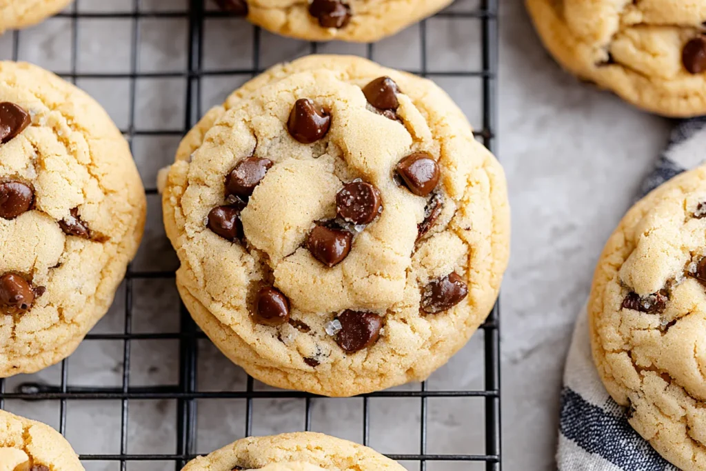 Close-up of a homemade chocolate chip cookie cooling on a rack with gooey chocolate chips