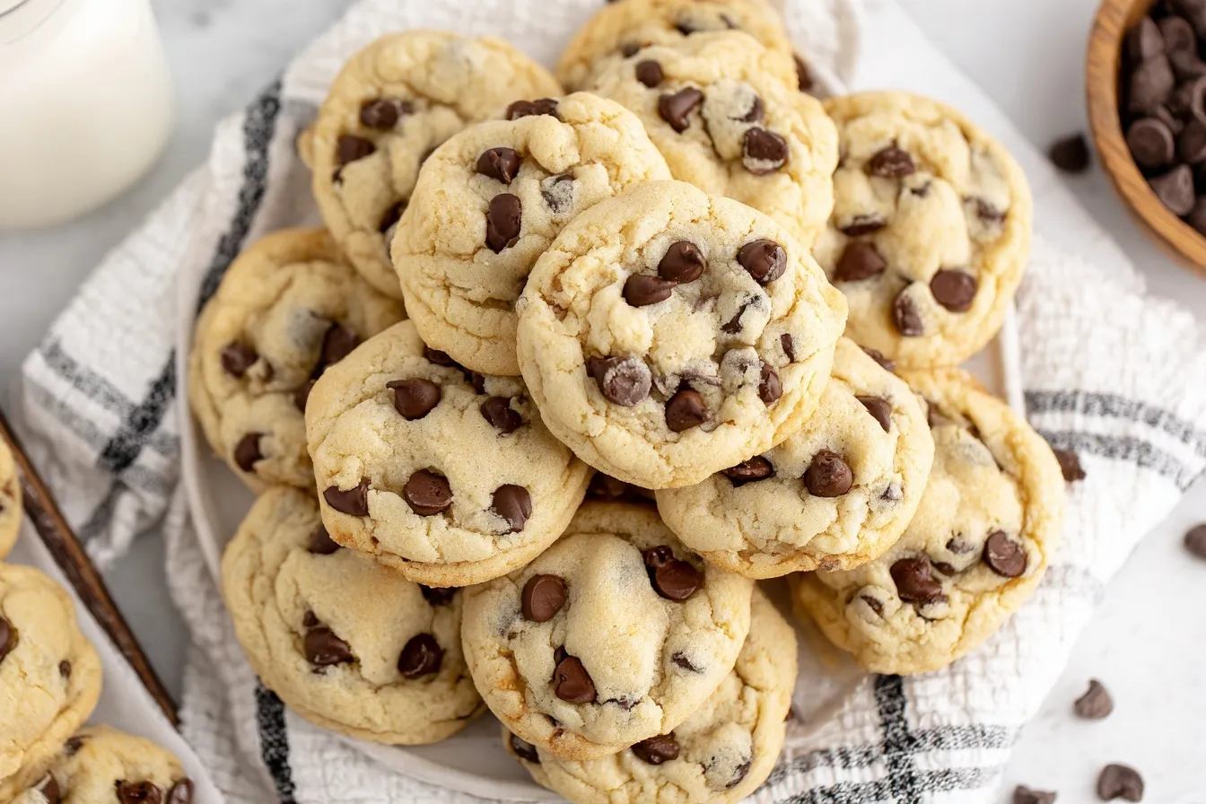 Homemade chocolate chip cookies piled on a plate with soft centers and melty chocolate chips