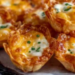Golden crispy Iowa Party Bites with melted cheese in wonton cups and fresh herbs.